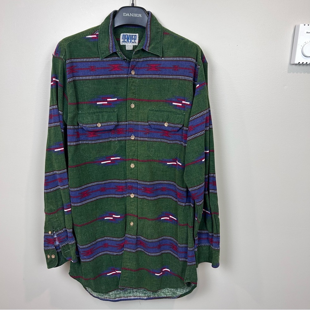 Denver Hayes Mens‎ Flannel Shirt Size Large Button Front Aztec Green Purple